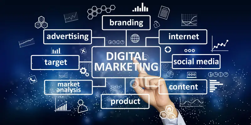 digital marketing business concept business concept businessman click digital marketing button virtual screen text typography 125648024